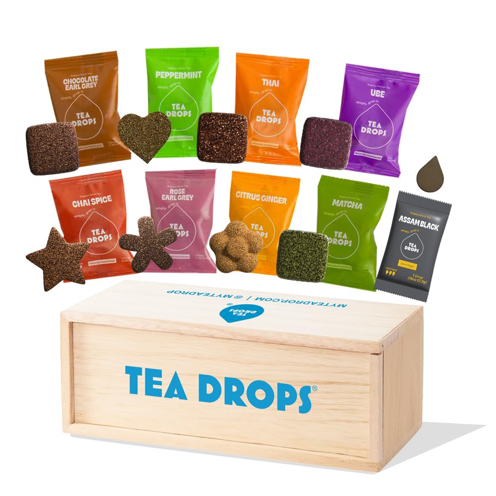 Tea Drops Gift Set - 9 Organic Loose Leaf Tea Samplers (Chai, Earl Grey, Citrus, Ginger, Rose, Matcha, Peppermint, Ube, Assam Th