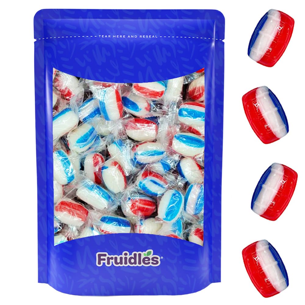 Fruidles Patriotic Striped Cherry Barrels Hard Candy Treats, 100 Count (2 Pounds), Kosher Certified, Red, White & Blue