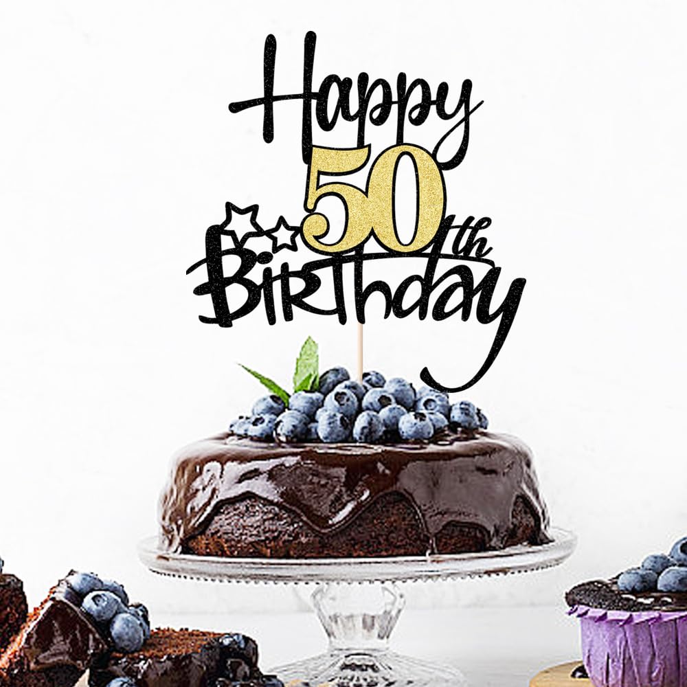 Kaoenla Black Gold Glitter Happy 50Th Birthday Cake Topper - Hello 50/Cheers50,Happy Fifty Birthday Anniversary,50 Years Old Bir