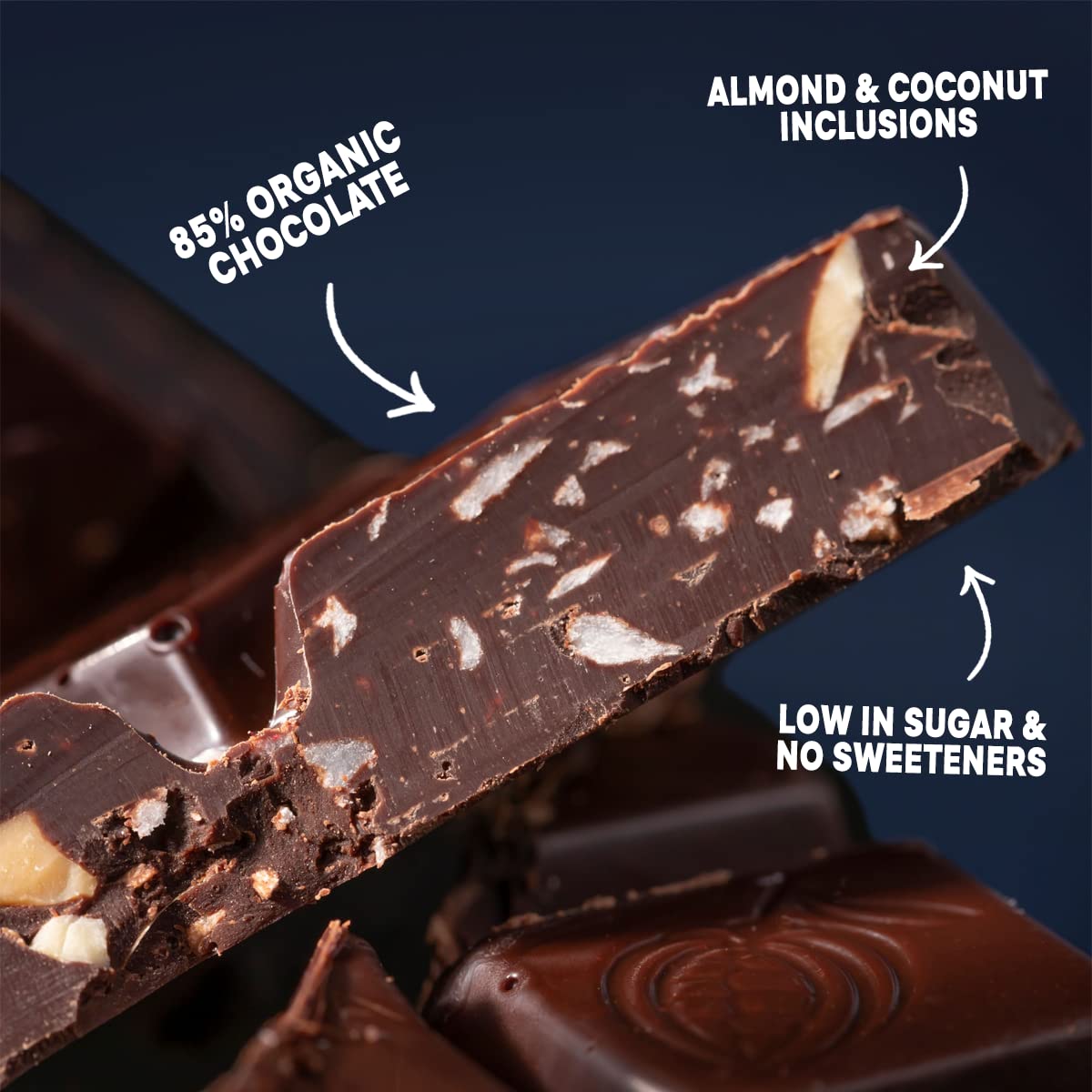 Chocxo Dark Chocolate Coconut Almond & Sea Salt Snaps - Low In Sugar, Organic 85% Cacao, Non-Gmo, Keto Certified, Gluten Free & Kosher. No Artificial Sweeteners Or Sugar  S, 3.45 Oz (Pack Of 6)