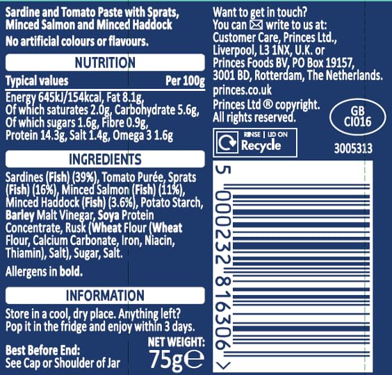 Princes Sardine and Tomato Paste 75g