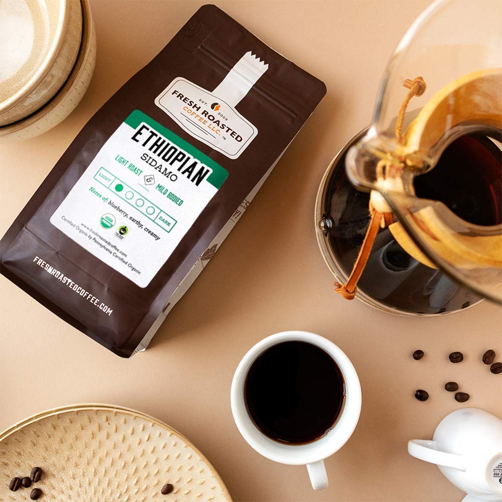 Fresh Roasted Coffee, Organic Ethiopian Sidamo | Fair Trade, USDA Organic, 100% Single Origin, Kosher | Light Roast 2 lb (32 oz)