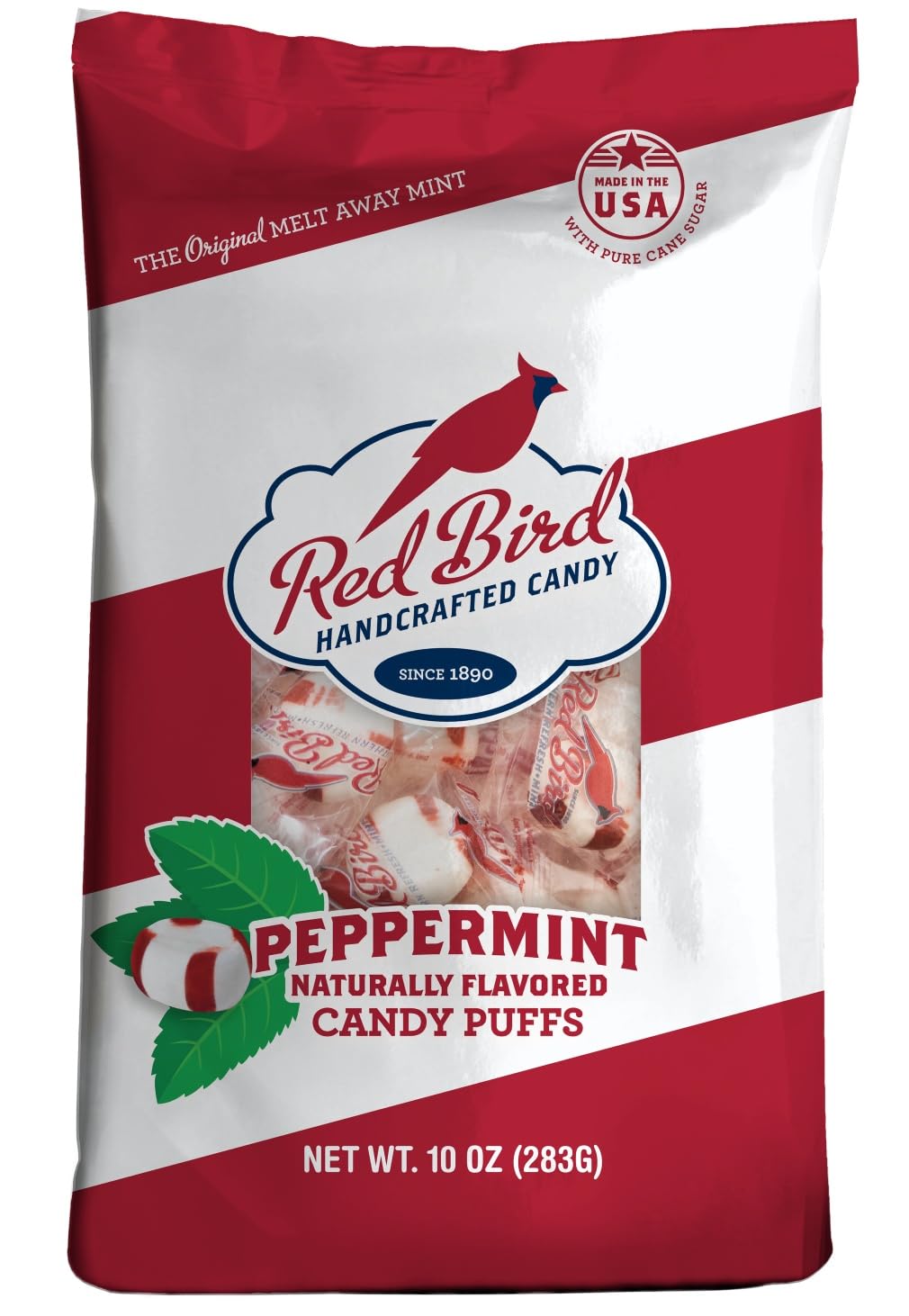 Red Bird Soft Peppermint Candy Puffs, Mints Individually Wrapped, Gluten-Free, Non-GMO Verified, Kosher, Allergen Free 10 oz Bag