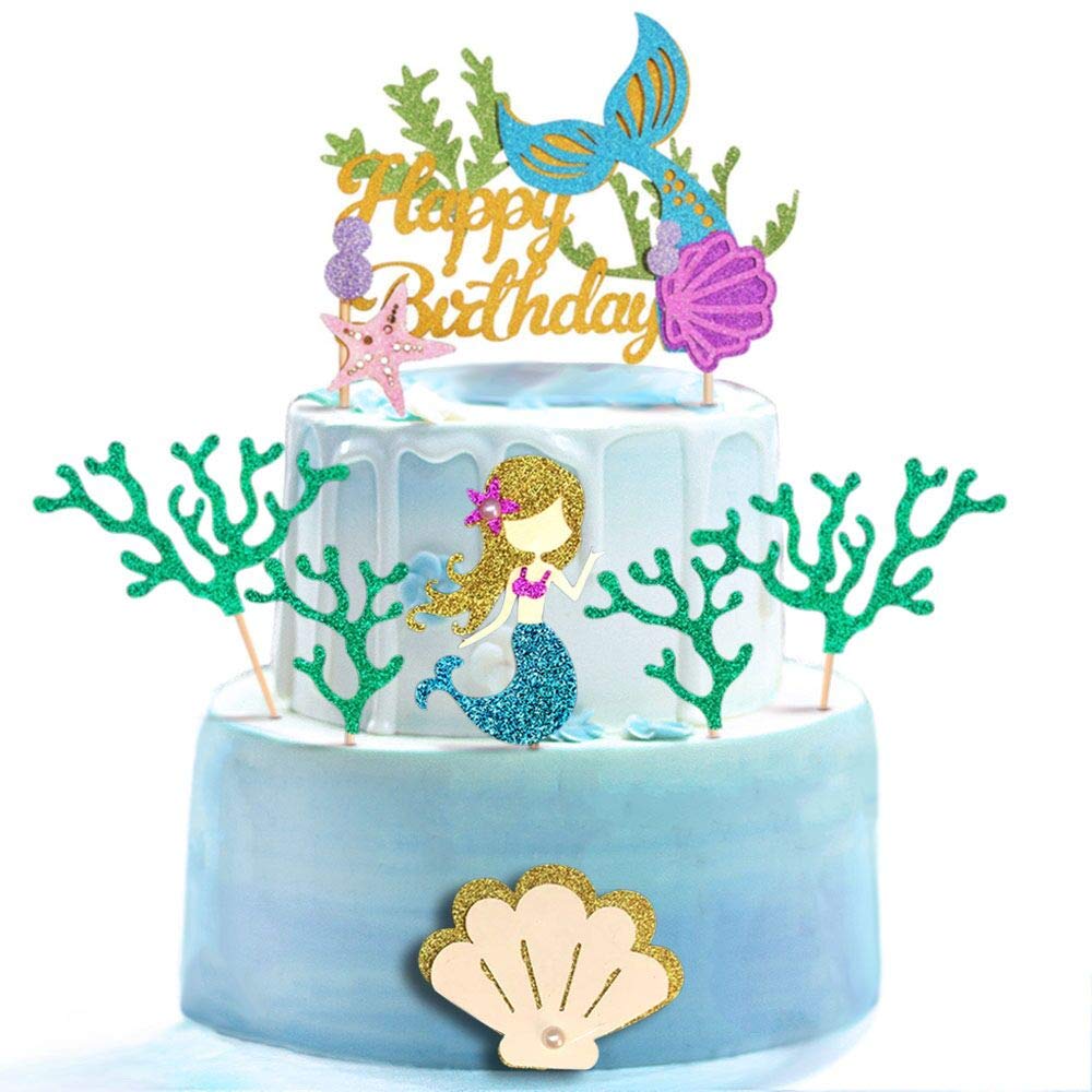 Alissar Glitter Mermaid Theme Birthday Cake Topper With Seaherbal Product And Mermaid  Cake Cupcake Toppers For Girls Mermaid Themed Birthday Cake Party Decorations. (White)