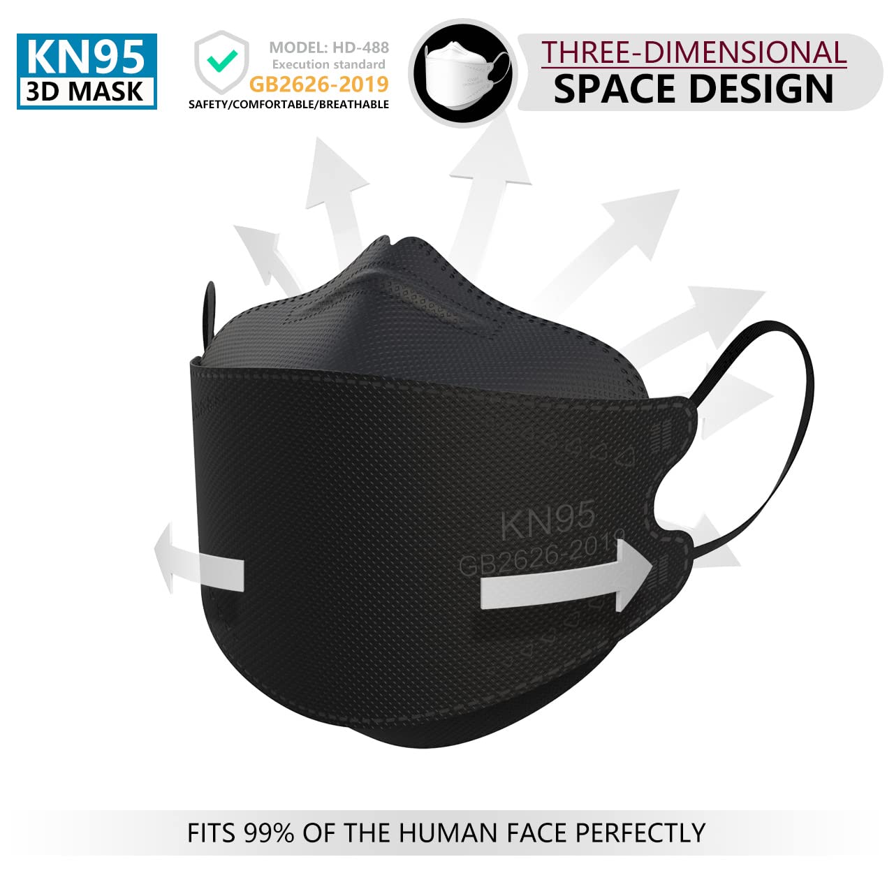KIMARS KN95 Face Masks, 100 Pack, Disposable Black Masks, Breathable Comfort for Adults