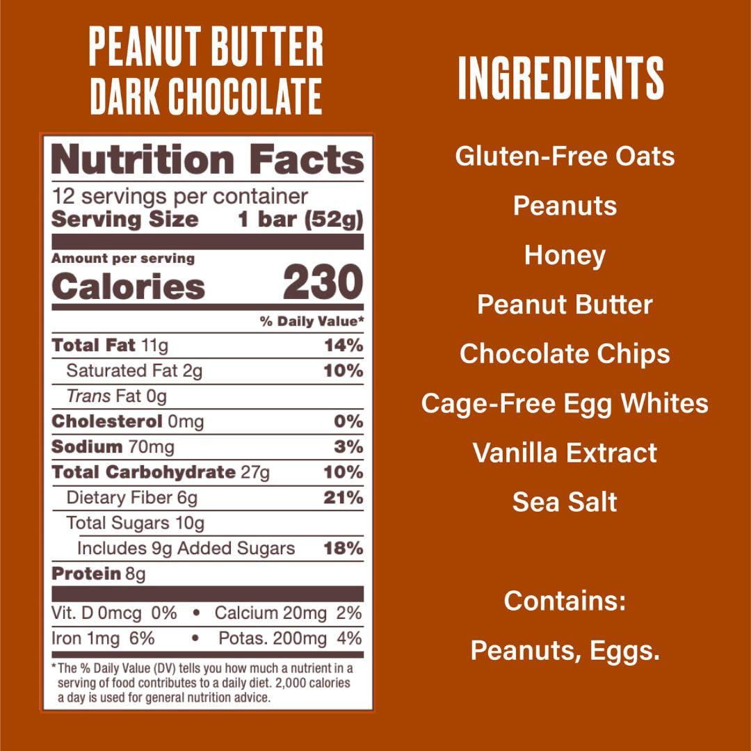 Over Easy Peanut Butter Dark Chocolate Soft and Chewy Oatmeal Breakfast Bars - Granola and Protein Bars - 12 Energy Snack Bars -
