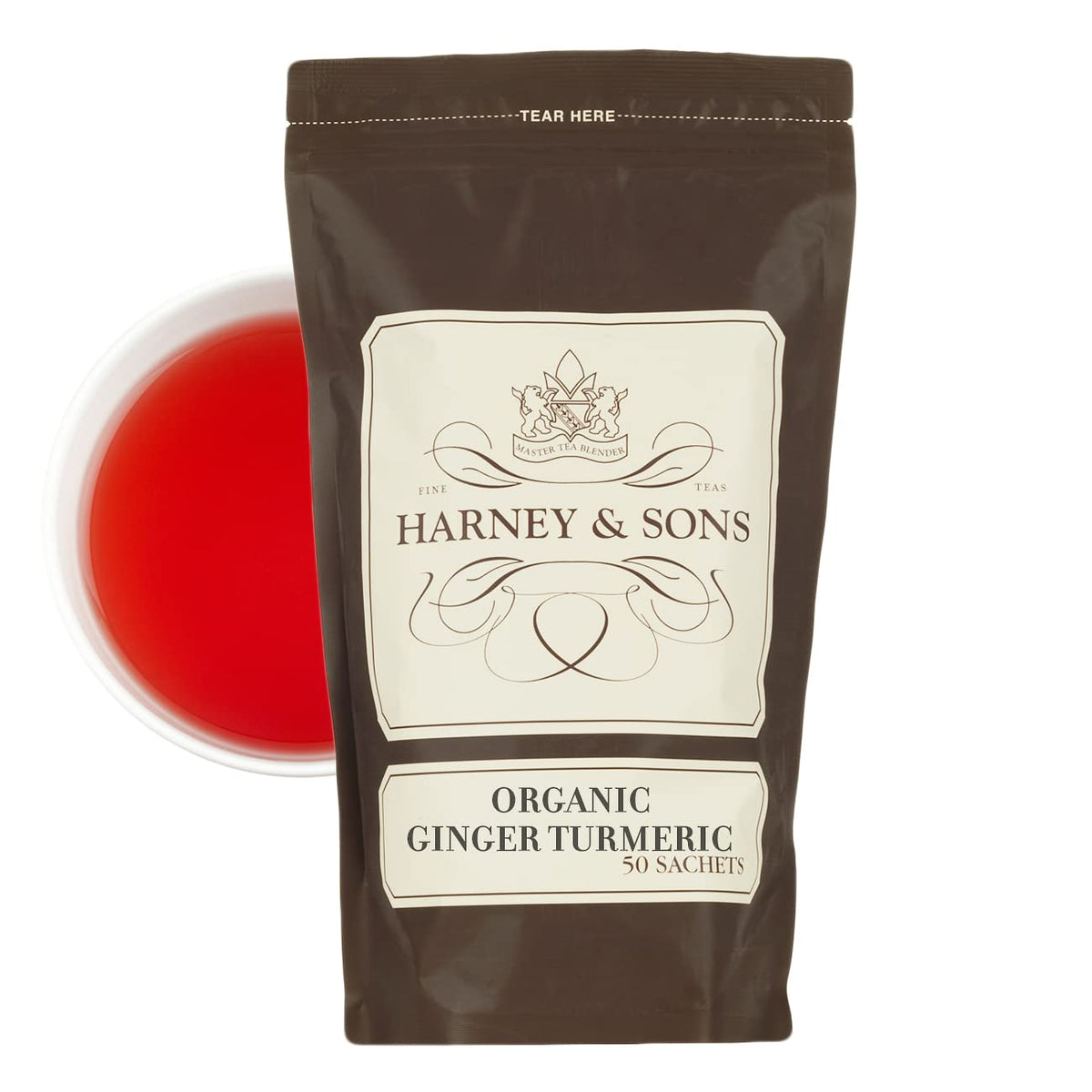 Harney & Sons Organic Ginger Turmeric | Bag Of 50 Sachets W/Organic Apple, Organic Ginger, Organic Lemongrass, And Organic Hibis