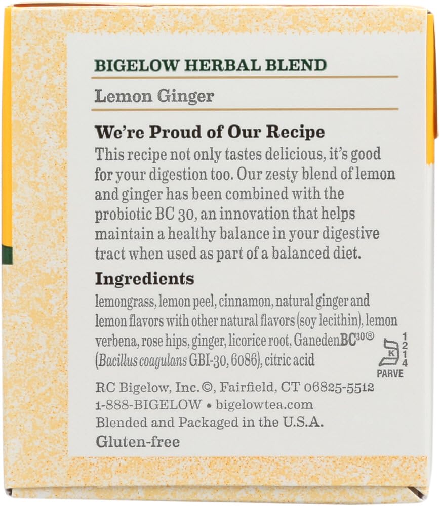 Bigelow Tea Classic Lemon Ginger Herbal Tea, Probiotics, 18 Count (Pack of 3)