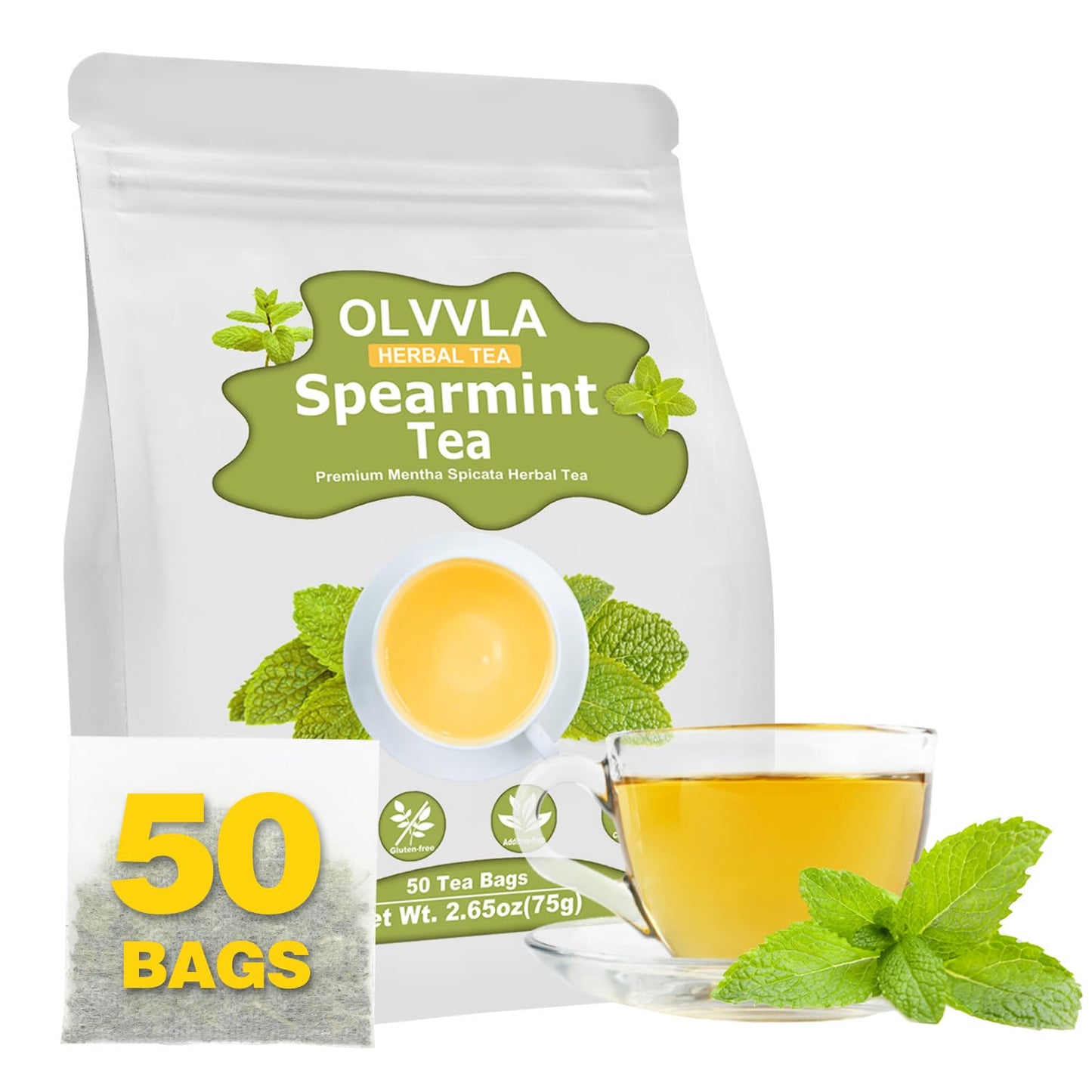 Olvvla Spearmint Tea Bags - 100% Pure Natural - Caffeine-free Herbal Tea - 50 Count