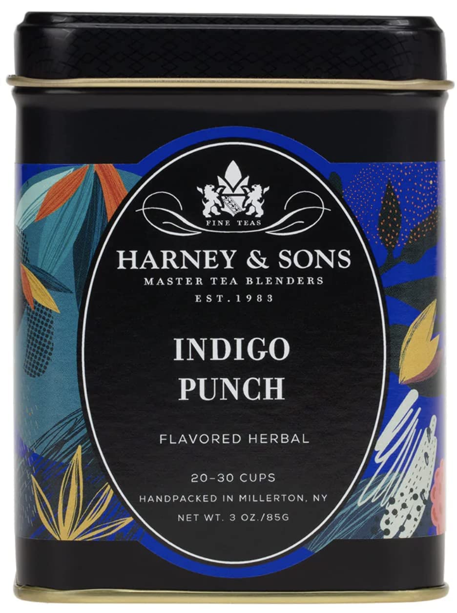 Harney & Sons Loose Leaf Tea, Indigo Punch, 3 oz, with Butterfly Pea Flower, Rose Hips, Apple Pieces, Raspberry, Model 38-1428-1