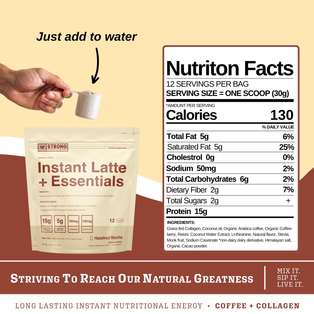 STRONG COFFEE COMPANY  INSTANT HAZELNUT LATTE - 12 Single Serving Packs  15g Protein  Instant Protein Coffee with Collagen  Adaptogens & Nootropics  No Crash  No Jitters