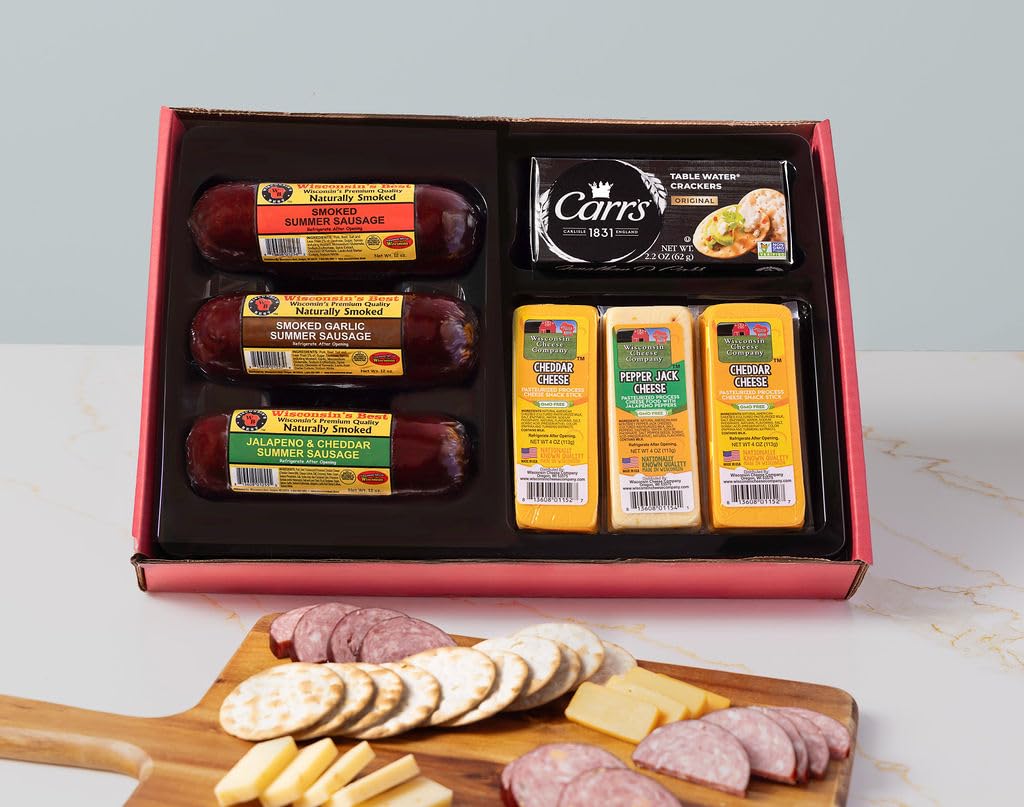 Wisconsin Cheese Company - The Snacker Holiday Gift Box - 100% Wisconsin Cheddar & Pepper Jack Cheese, Smoked Sausage &  Er Gift Box | Perfect For Parties, Charcuterie Boards, And Holiday Gifts