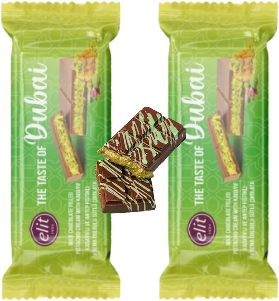 2 Packs X Elit Top-Grade Dubai Chocolate Bar Pistachio Kataifi - Viral Dubai Chocolate Milk Chocolate Filled Pistachio Cream With Kadayif 30 Gram