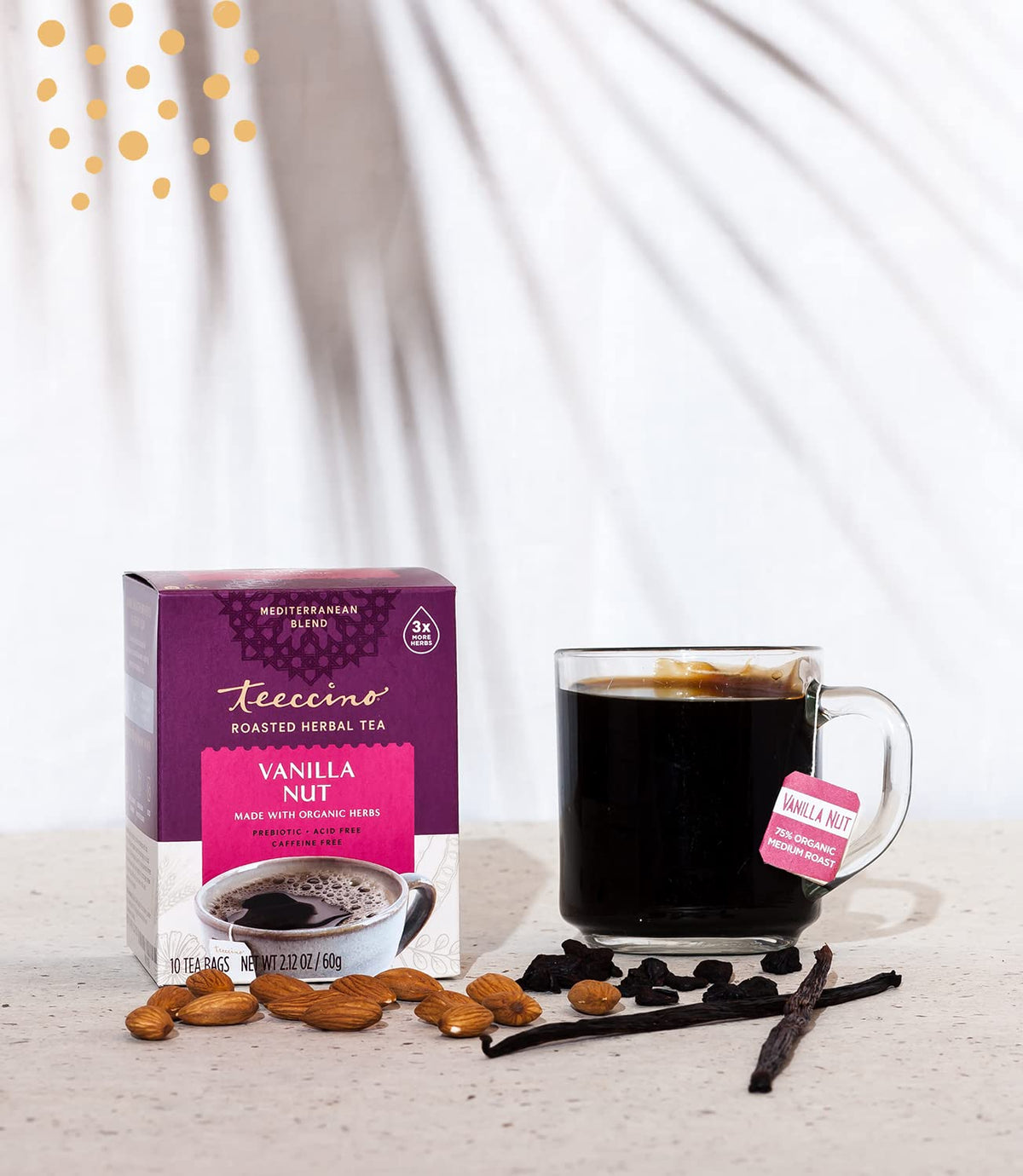 Teeccino Herbal Tea - Vanilla Nut, Caffeine-Free, Prebiotic, 10 Tea Bags, Pack of 4