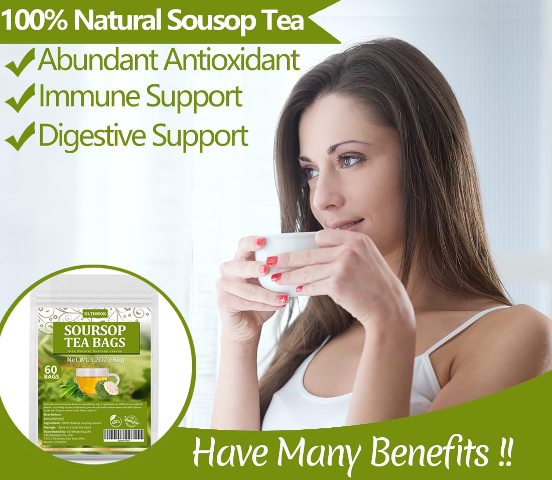enhanced 60 Soursop Tea Bags  Made with 100% Natural Graviola Leaves  Hoja Guanabana Tea  No Additives & Caffeine Free.