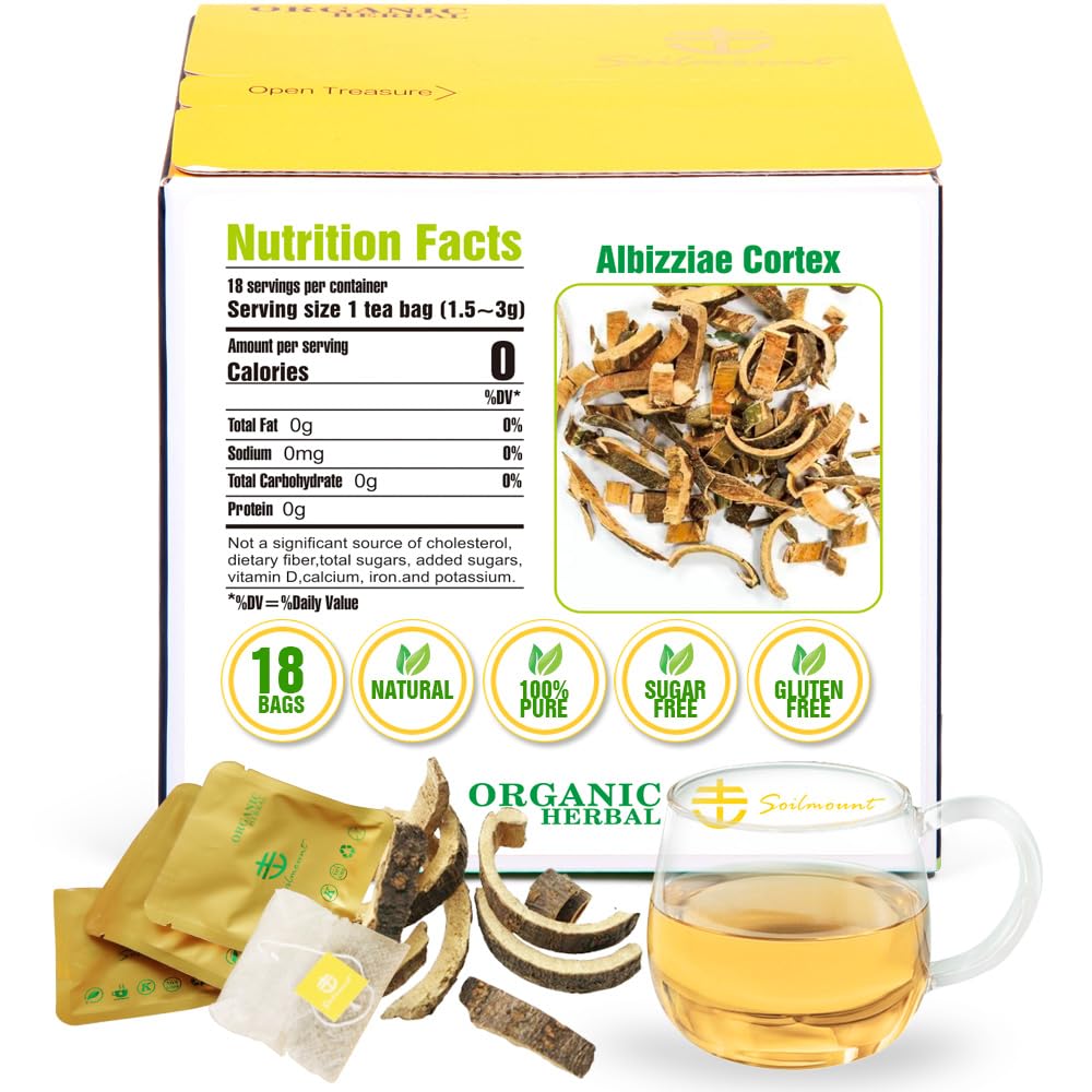 Soilmount Albizziae Cortex Tea, Dried Mimosa Tree Bark, Caffeine-Free, 18 Bleach-Free Tea Bags, 100% Natural