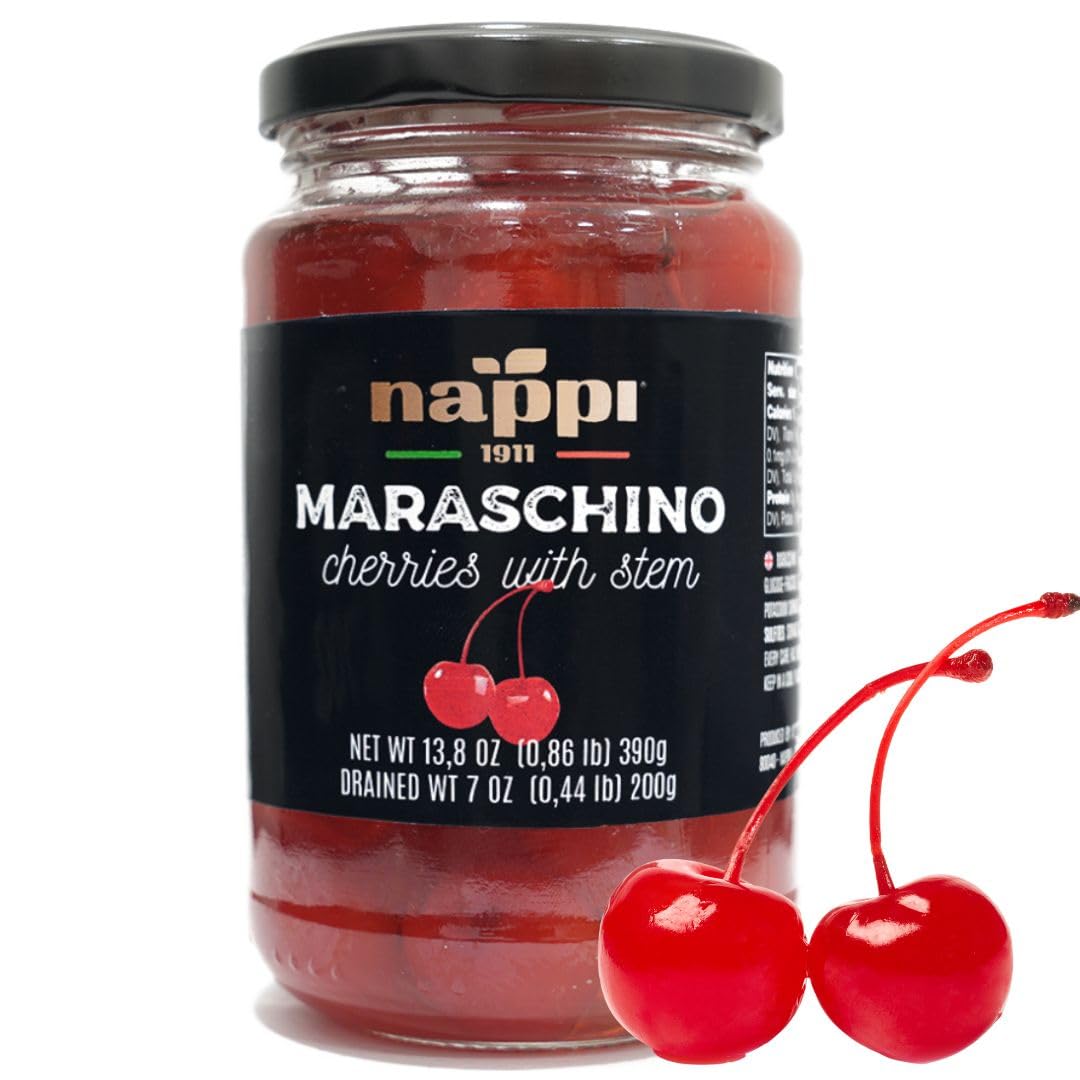 Nappi 1911 Maraschino Cocktail Cherries with Stem in Syrup, 13.76 oz Jar, Product of Italy