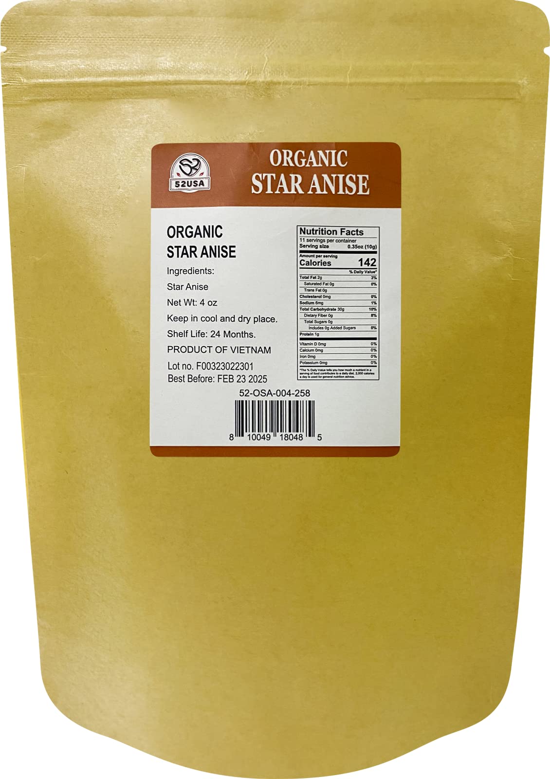 52USA Organic Star Anise, 4 Ounce (Pack of 1), NON-GMO Verified Chinese Star Anise Whole, Dried Star Anise Pods for Tea and baki