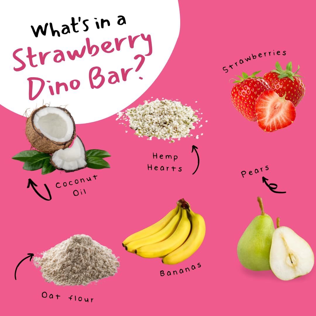 DINO BARS Organic Fruit Bar for Kids - Strawberry, 10 Pack, Edible Paper, Oats, Hemp Hearts, Coconut Oil