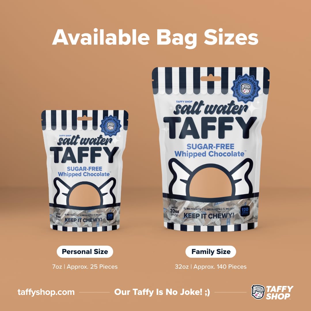 Taffy Shop Sugar-Free Whipped Chocolate Salt Water Taffy - Gourmet Soft Chewy Candy, Bulk Sweet Snack, Fresh Gift & Gluten-Free,