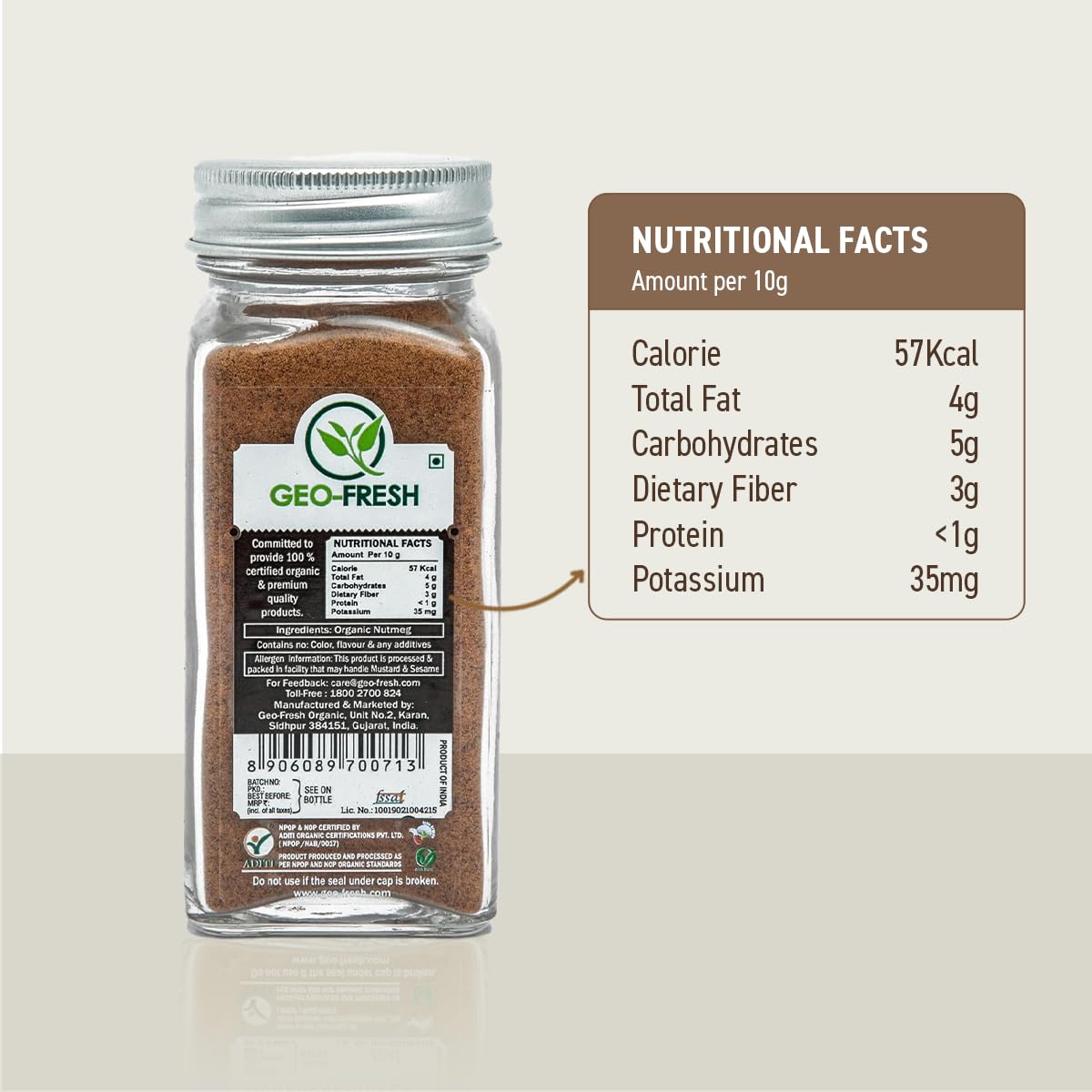 Geo-Fresh Organic Nutmeg Ground Powder, 1.76 oz - USDA Certified Organic, Non-GMO, Kosher, Gluten-Free, Freshly Sourced