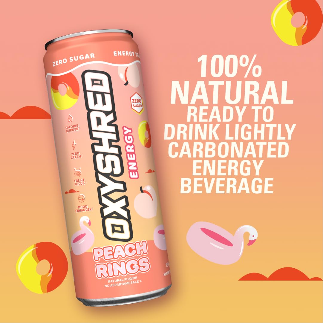 EHPlabs OxyShred Ultra Energy Drink - Zero Sugar, Zero Carbs, Natural Caffeine, Peach Candy Rings, 12 Fl Oz (Pack of 12)