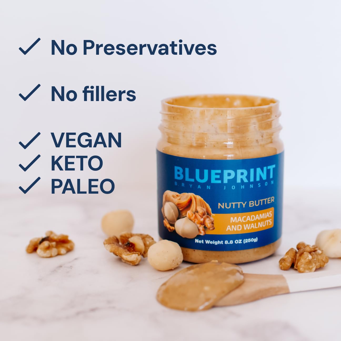 Blueprint Bryan Johnson Nutty Butter - Macadamia & Walnut - Keto Snack, 8.8 oz - Vegan, Non-GMO, No Added Sugar