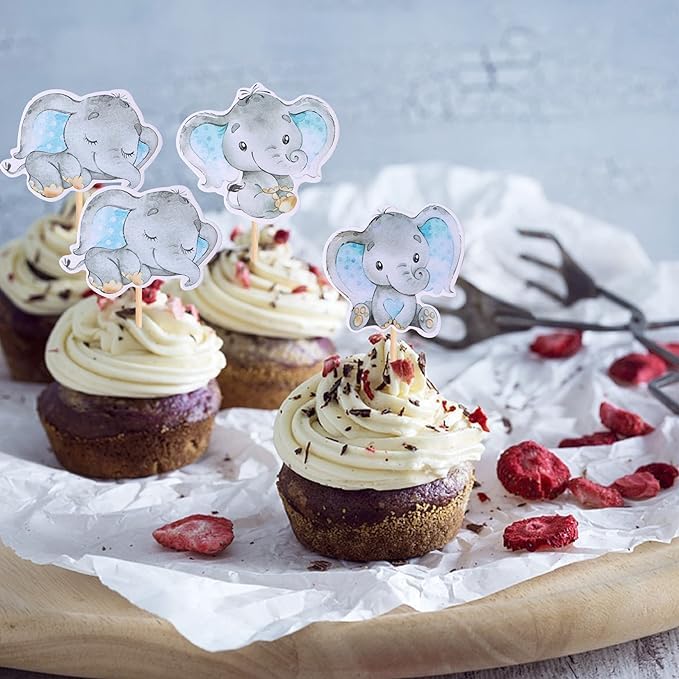 YCTHUNFISH Elephant Cupcake Toppers - 36 Pack, Blue, Paper, Ideal for Birthday Parties and Baby Showers
