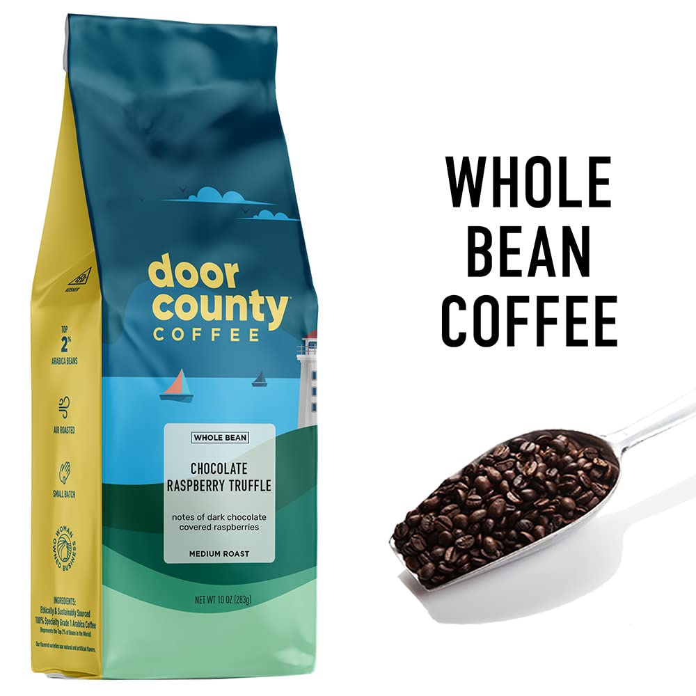 Door County Coffee - Chocolate Raspberry Truffle, Chocolate Raspberry Truffle Flavored Whole Bean Coffee - Medium Roast, 10 Oz Bag