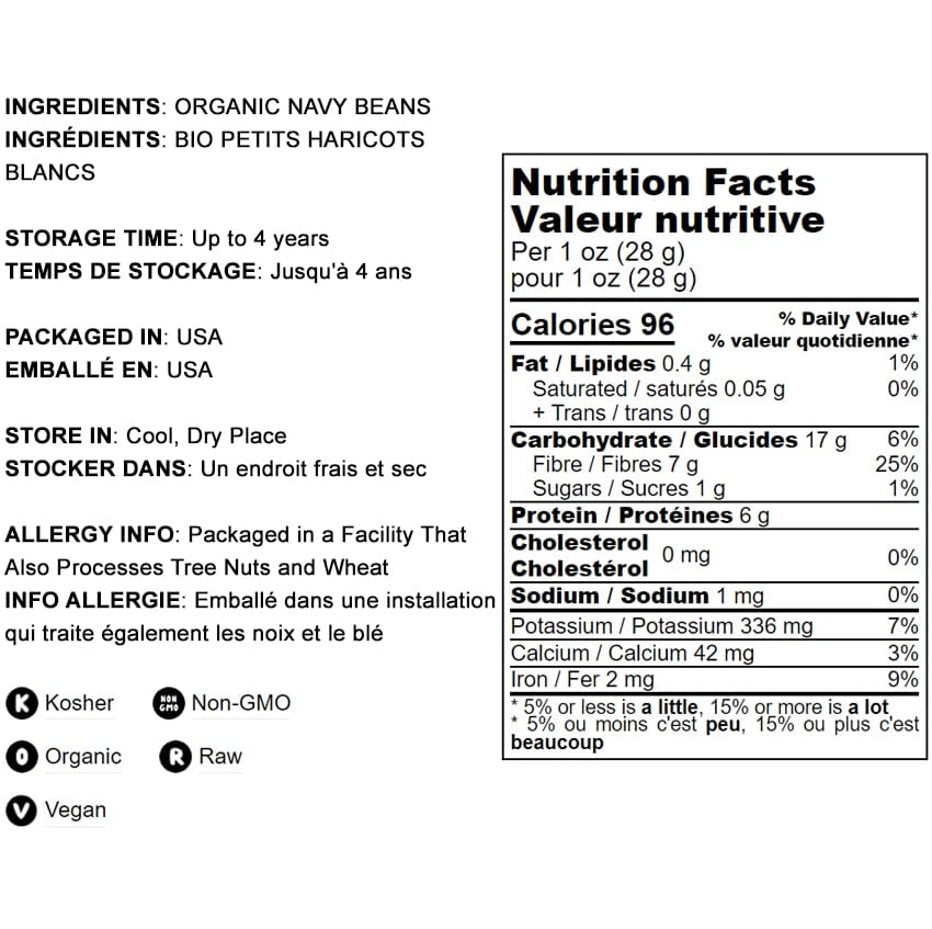 Food To Live Organic Navy Beans, 5 Pounds Non-Gmo Verified, Kosher, Vegan, Dried White, Bulk. High In Protein And Dietary Fiber