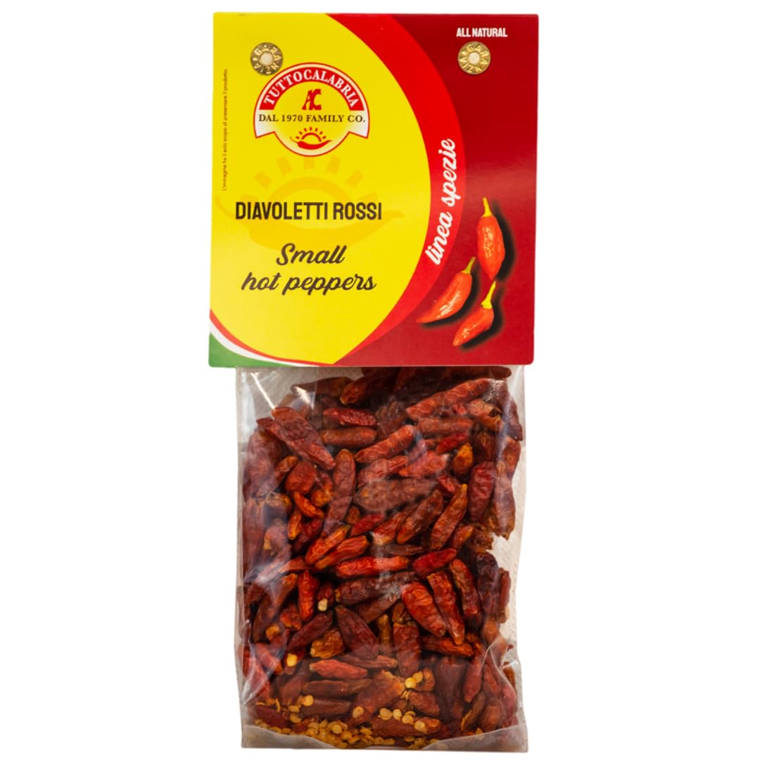 calabrian Diavoletti Rossi Small Dried Spicy Hot chili Peppers 50g All Natural Non-gMO Product of Italy Tuttocalabria