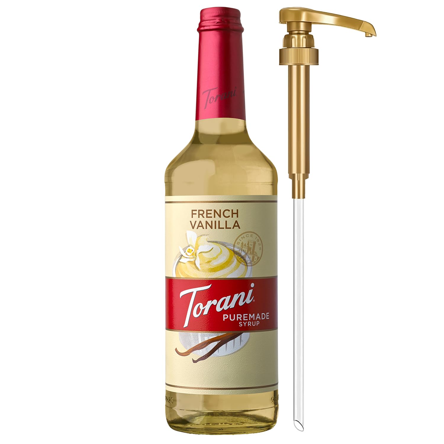 Torani Puremade Syrup  French Vanilla Flavoring for Drinks  Glass Bottle with Pump Included  25.4 Fl Oz