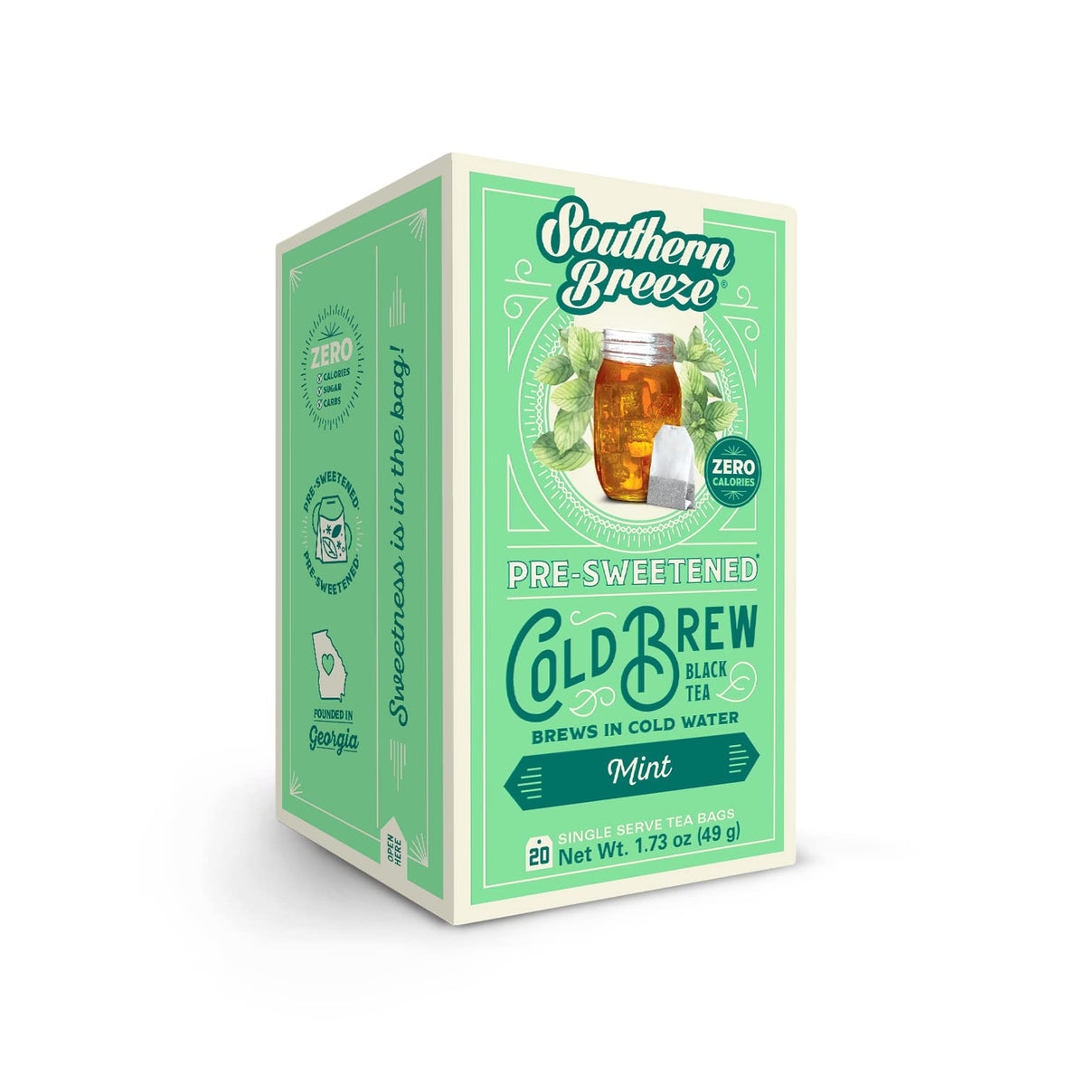 Southern Breeze Cold Brew Sweet Tea Mint Iced Tea With Black Tea And Zero Carbs Zero Sugar, 20 Individually Wrapped Tea Bags Southern Sweet Tea Iced Tea Beverage