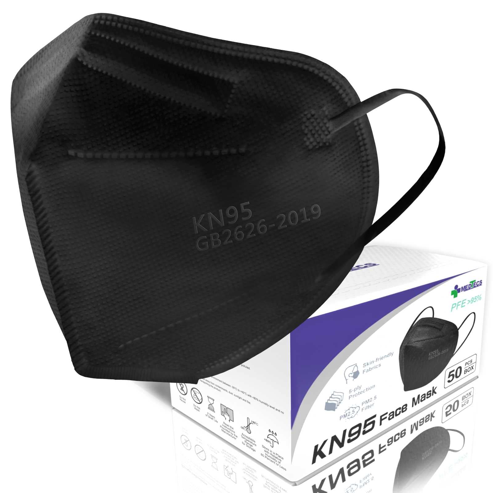 Medtecs Kn95 Face Masks Disposable - Individually Wrapped, 5 Ply Protection & Extra Wide Elastic Ear Loops Design, ? 95% Filtrat