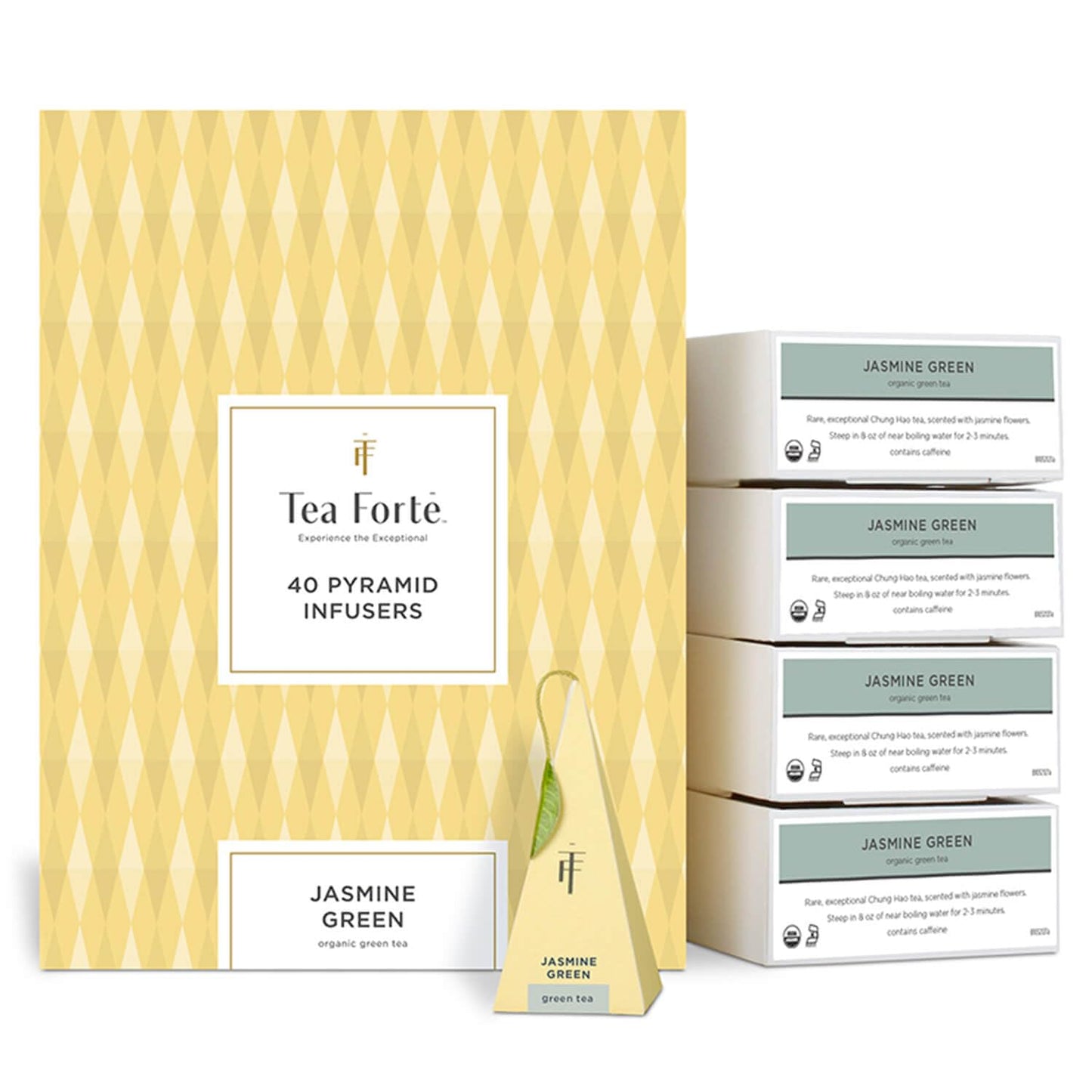 Tea Forte Jasmine Green Premium Organic Caffeinated Green Tea Blend Event Box, Bulk Pack 40 Count, 10 per tray Individually Wrap
