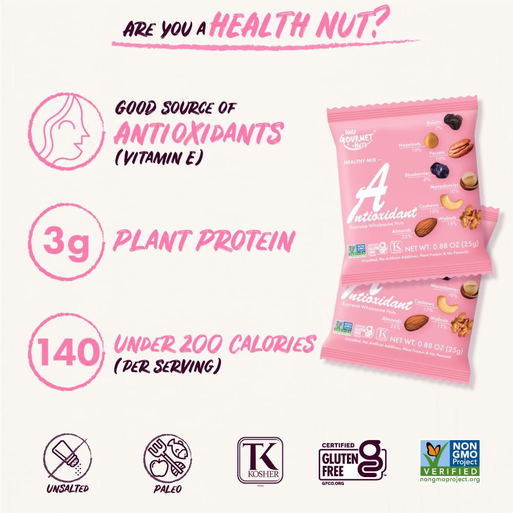 DAILY GOURMET NUTS Unsalted Mixed Nuts Snack Packs, 0.88 Ounce (Pack of 24)