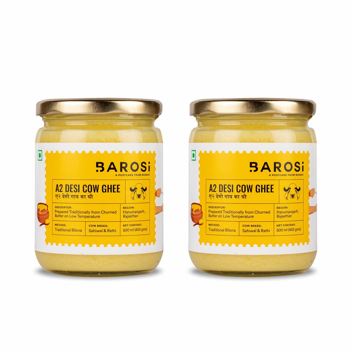 Barosi A2 Desi Cow Ghee Combo Of 2 Of 500 Ml, Produced From Grass Fed Desi Cow Milk, Aromatic And Pure, Bilona Method, Sustainab