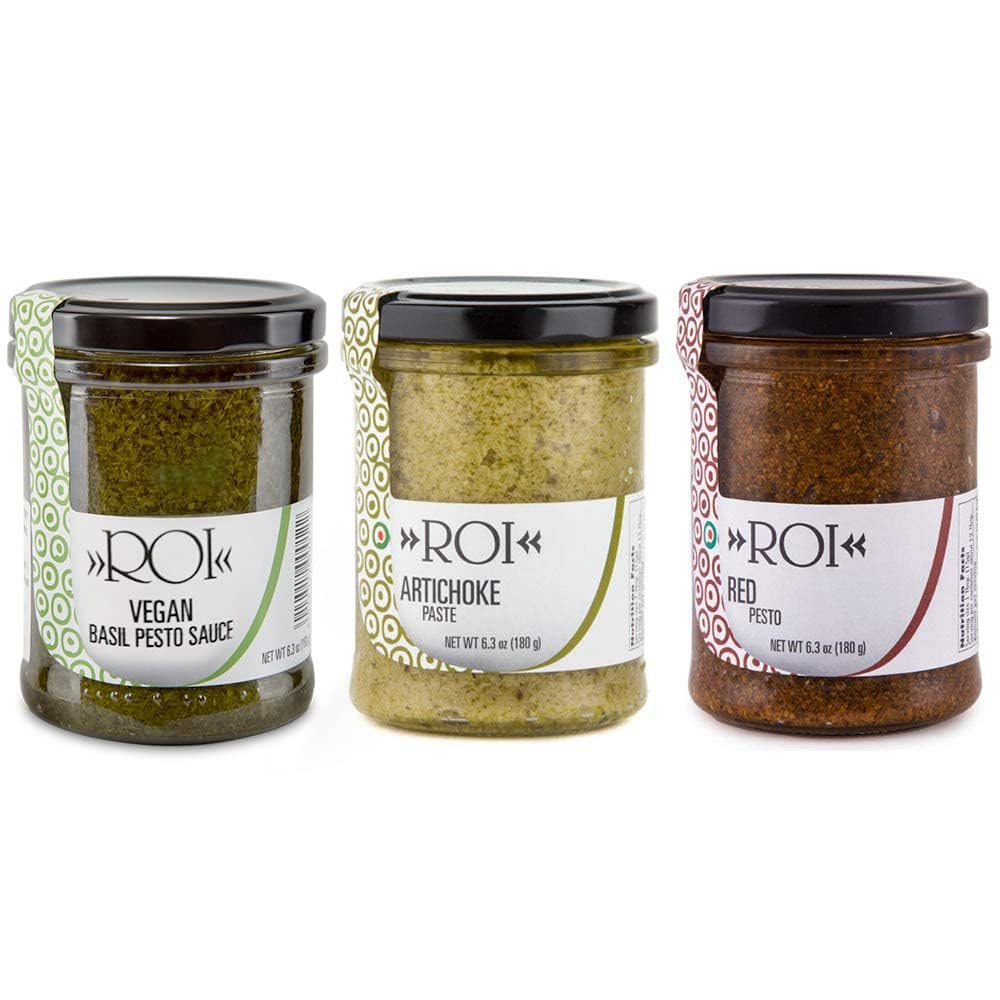 ROI Pesto Sauce Trio Set – Sun-Dried Tomato, Artichoke, and Fresh Ligurian Basil (Genovese DOP) Pestos – Italian Food Gift, Made in Italy – 6.3 oz (180g) Variety Pack