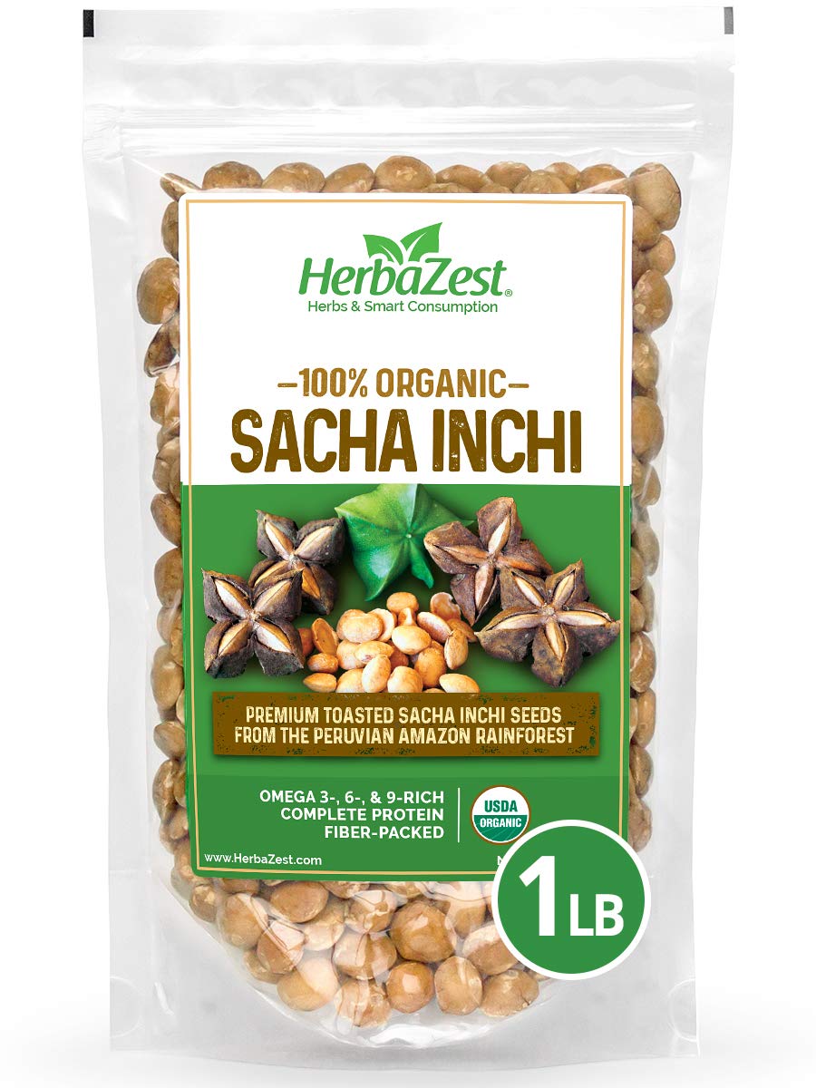 HerbaZest Sacha Inchi Seeds Organic, Vegan, Gluten Free, 1 LB (454g) - Premium Superfood for Snacks and Trail Mixes