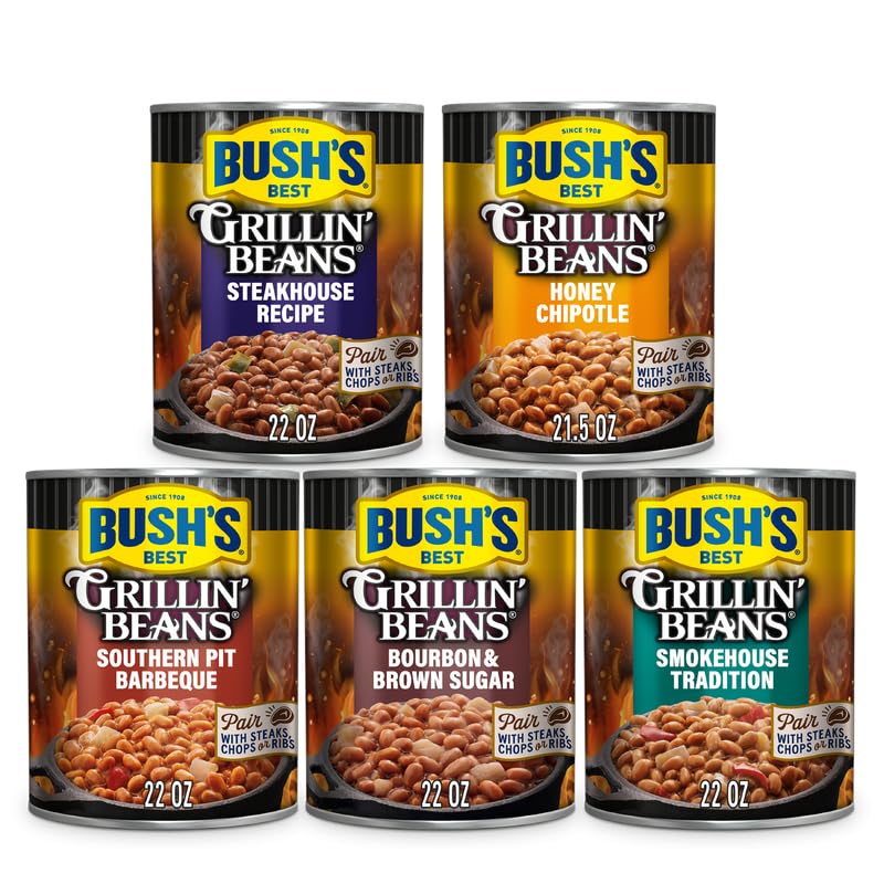Bushs Best Grillin Beans Variety Pack, 5 Flavors, 109.5 Ounce, Smokehouse Tradition, Southern Pit Barbecue, Steakhouse Recipe, Bourbon & Brown Sugar, Honey
