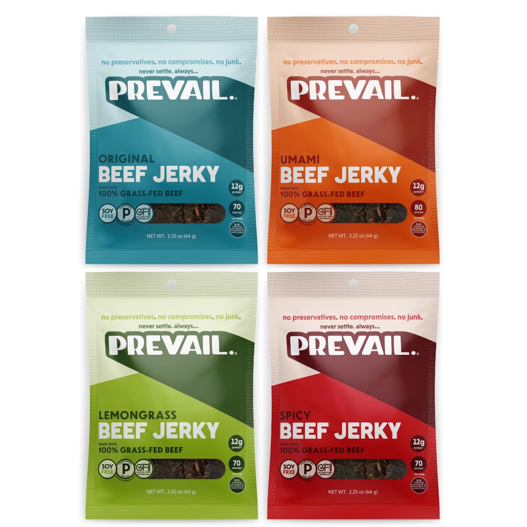 PREVAIL Grass Fed Beef Jerky Variety Pack - Low Sodium, Gluten Free, 4 Bags, 2.25 Ounce Each - Umami, Spicy, Lemongrass, Original
