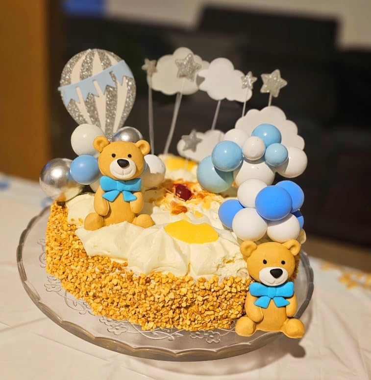 Laventy 17 Pcs Luxury Blue Teddy Bear Cake Decoration Baby Boy Baby Shower Birthday Party Supplies
