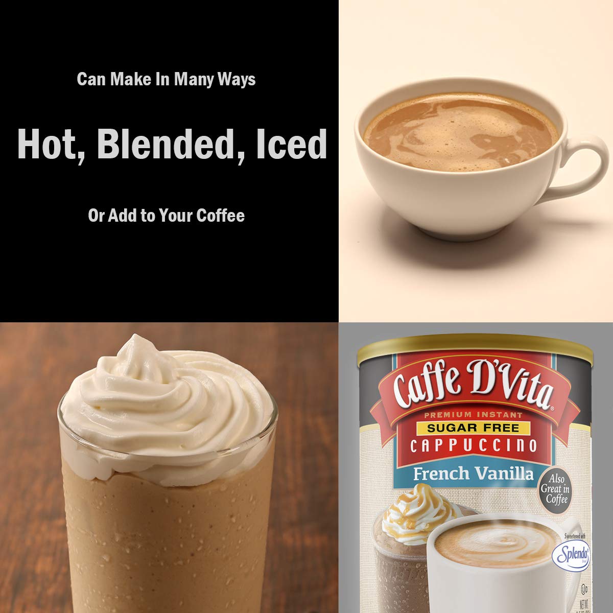 Caffe DVita Sugar Free French Vanilla Cappuccino Mix - Instant Gluten Free Coffee - 8.5 Oz Can, 6-Pack