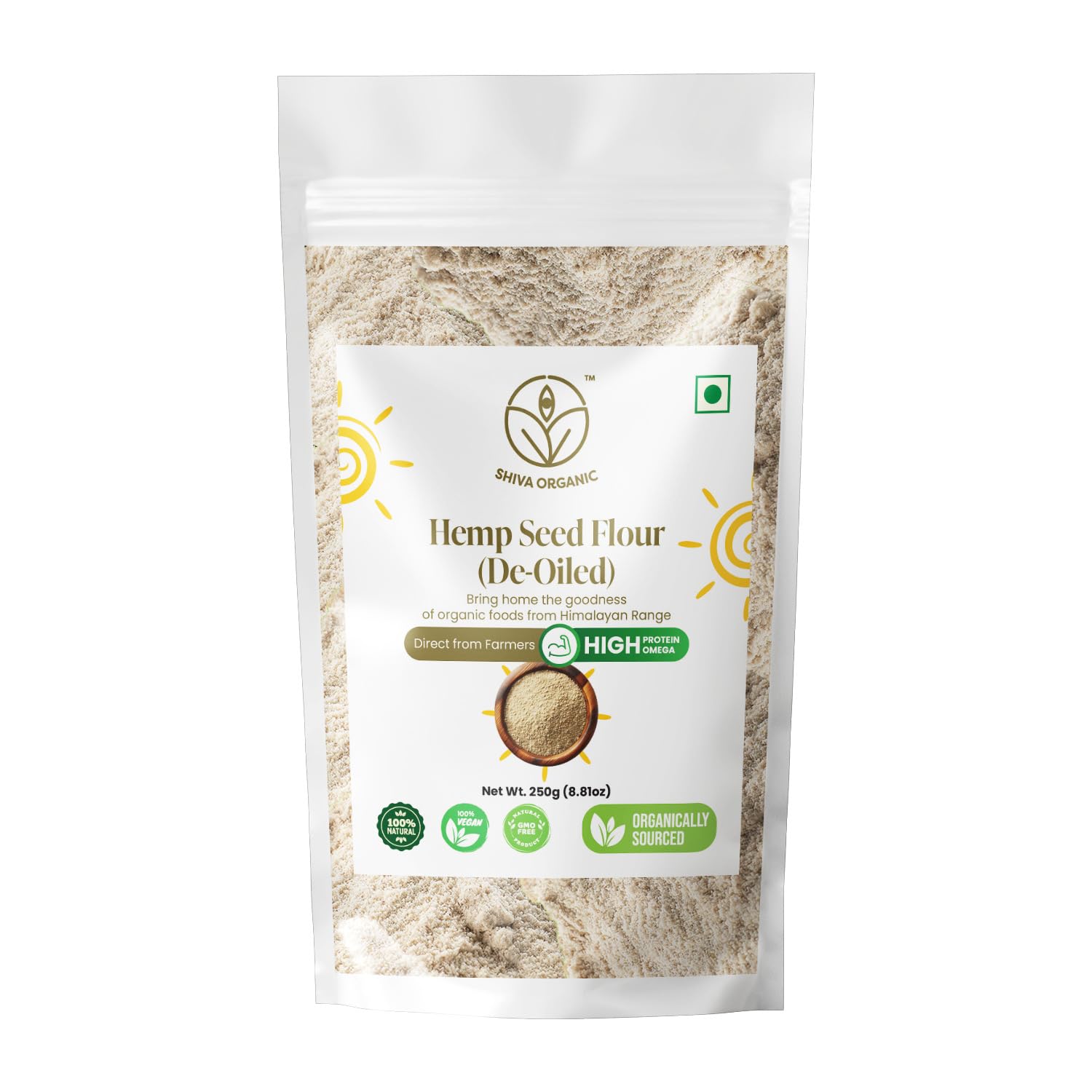 Shiva Organic Hemp Seed Flour, De-Oiled | High-Protein Hemp Flour | Vegan Gluton Free, 250 g (8.81oz)