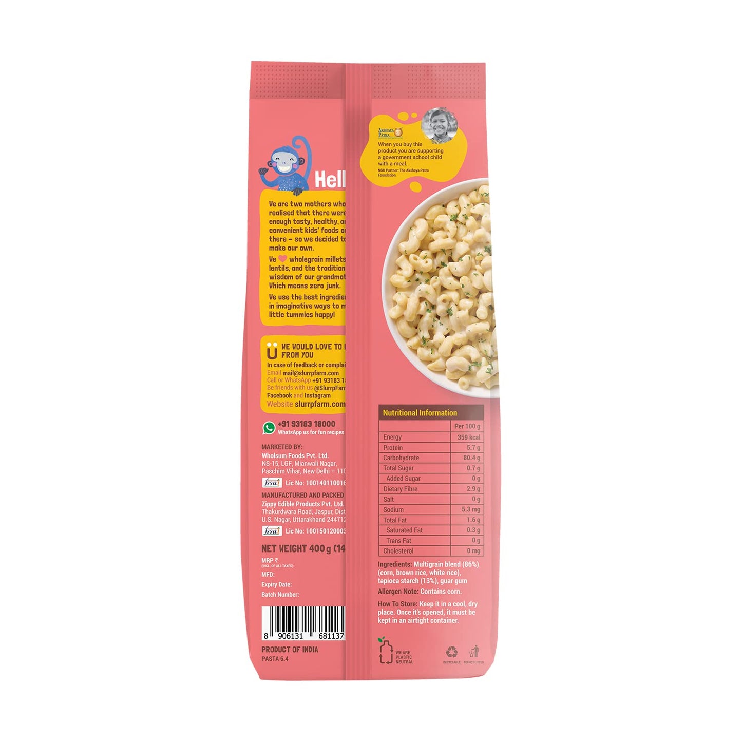 Slurrp Farm No Maida Macaroni Pasta | Gluten Free & Multigrain | Healthy Pasta Made With Brown Rice And Corn | 400G