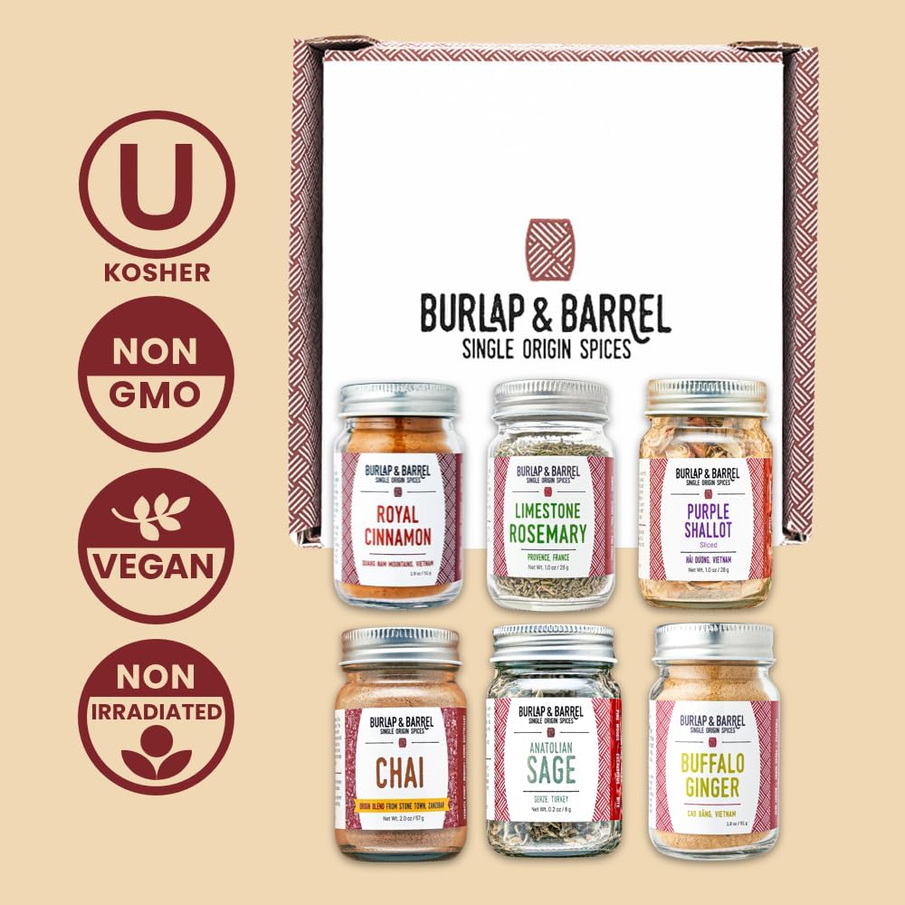 Burlap & Barrel 6-Pack Gourmet Spice Gift Set – Includes Cinnamon, Rosemary & More – Full-Size Jars – 20.09 cm