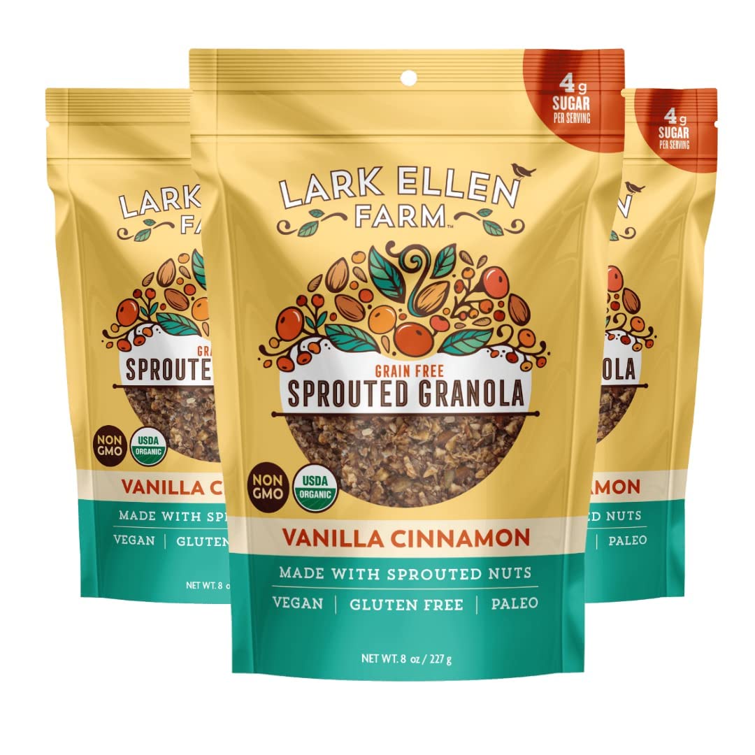 Lark Ellen Farm Vanilla Cinnamon Granola Clusters, Gluten Free, Vegan, Certified Organic, Low Sugar Healthy Snack For Cereal, Yogurt, Or With Honey 8 Oz - 3 Pack