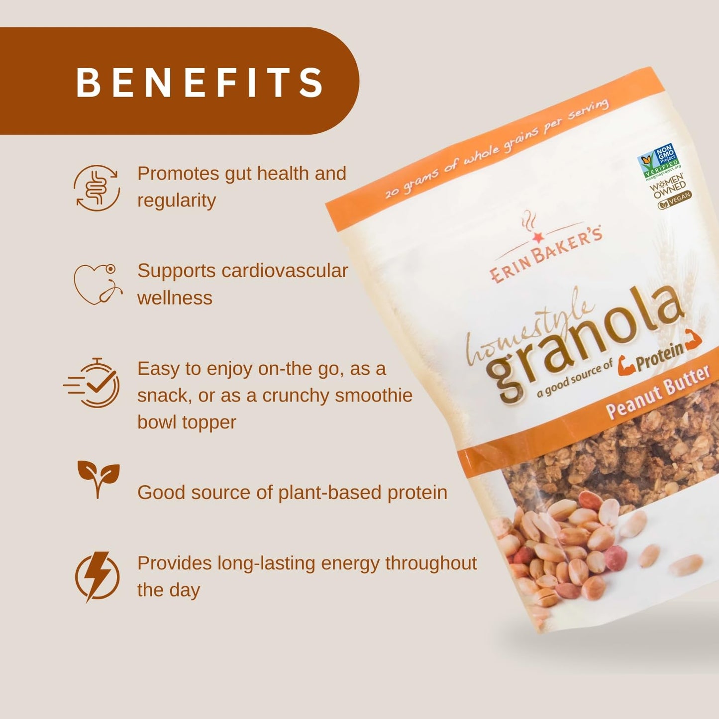 Erin Baker'S Homestyle Granola, Peanut Butter, Ancient Grains, Vegan, Non-Gmo, Cereal, 12-Ounce Bags (Pack Of 6)