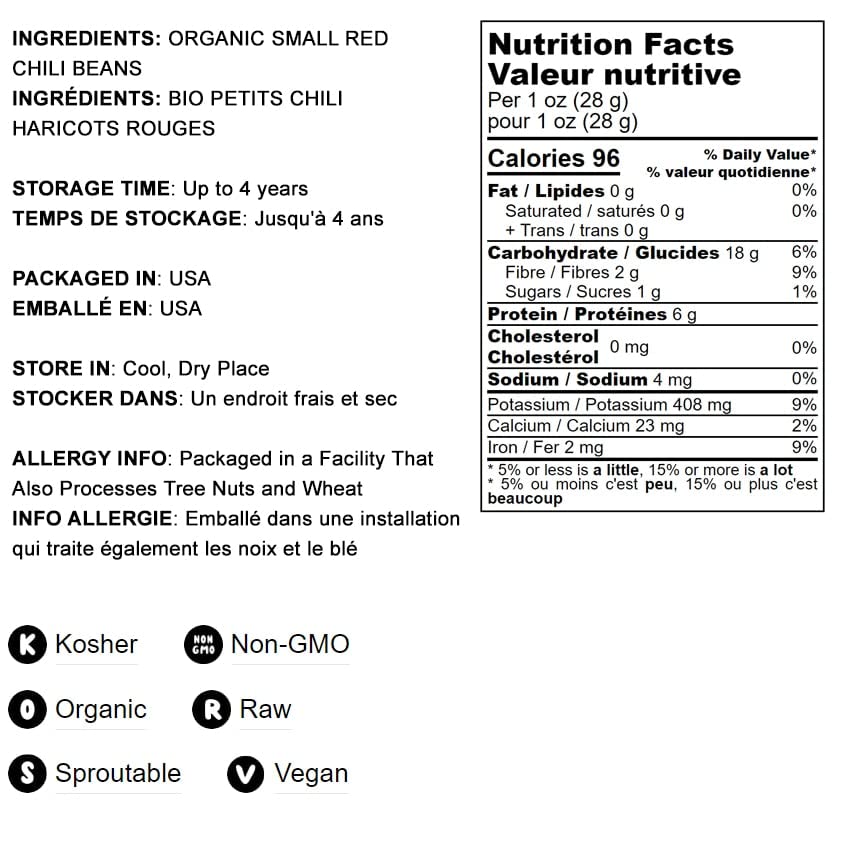 Food To Live Organic Small Red Chili Beans, 1 Pound - Non-Gmo, Kosher, Vegan, Dry, Raw, Sproutable, Non-Irradiated, Bulk, Produc