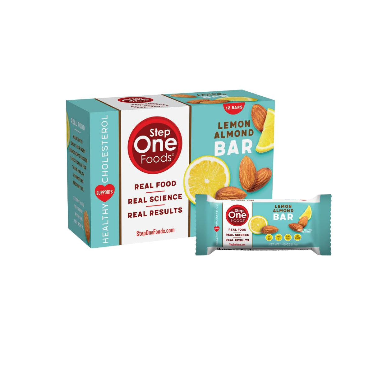 Step One Foods Lemon Almond Bar, Heart Healthy Snack Plant Sterols, Omega 3S High Fiber Snack Gluten & Dairy Free, Vegan, Zero Sodium, Granola Bars (12 Pack)